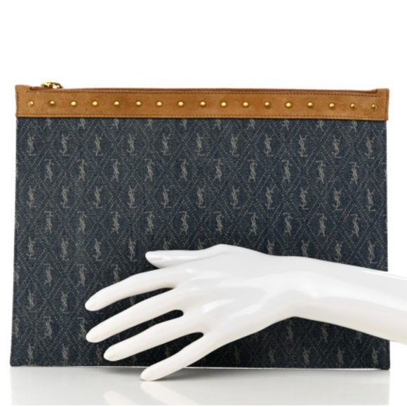 NWOT YSL Denim/Suede All-Over Monogram Pouch Clutch - Picture 5 of 7
